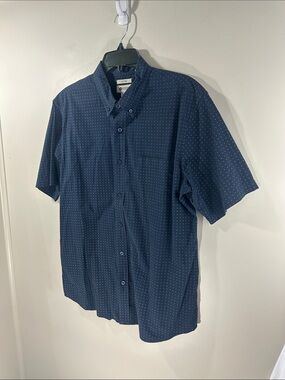 Haggar Navy Fitted Short-Sleeve Button-Down with Micro Dot Pattern Mens Large